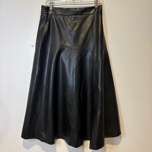 Black Faux Leather Midi Skirt Paneled A-Line Zipper Closure Women's M Boutique